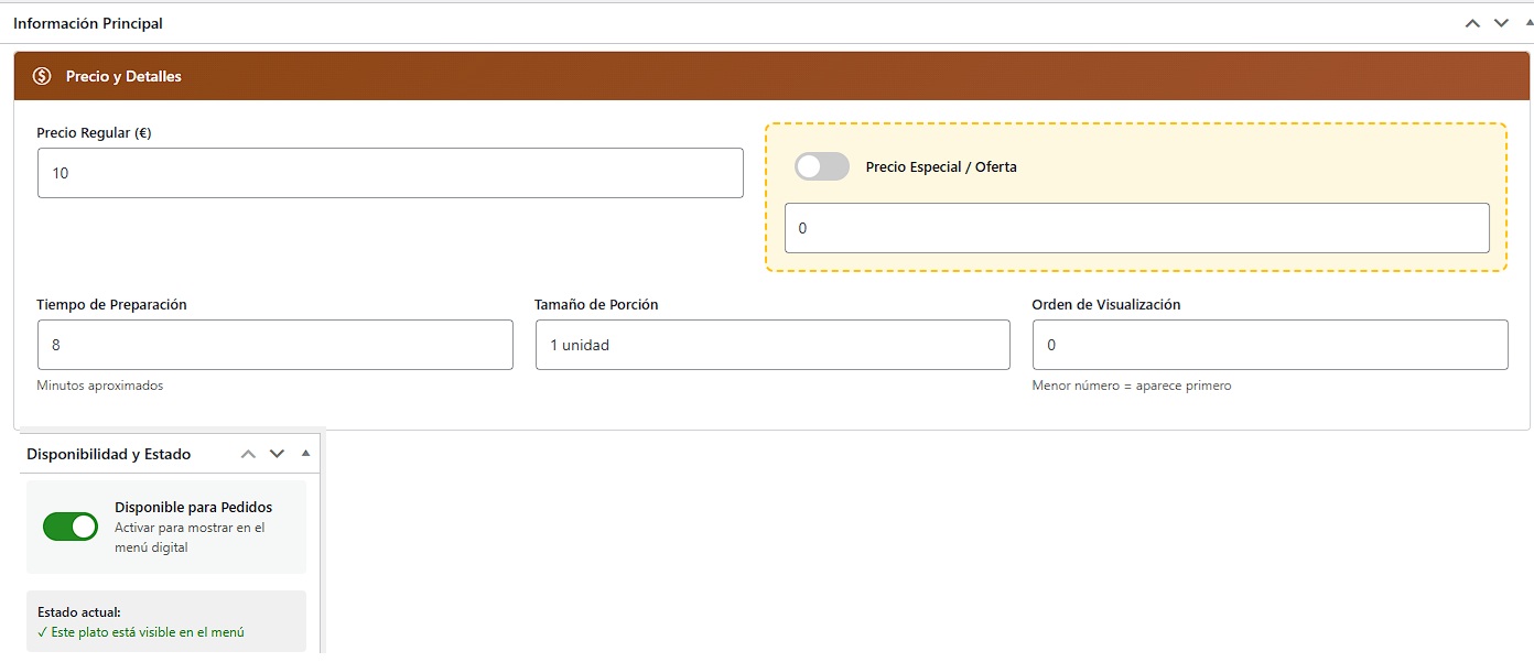 Metabox con campos de precio, disponibilidad y tiempo